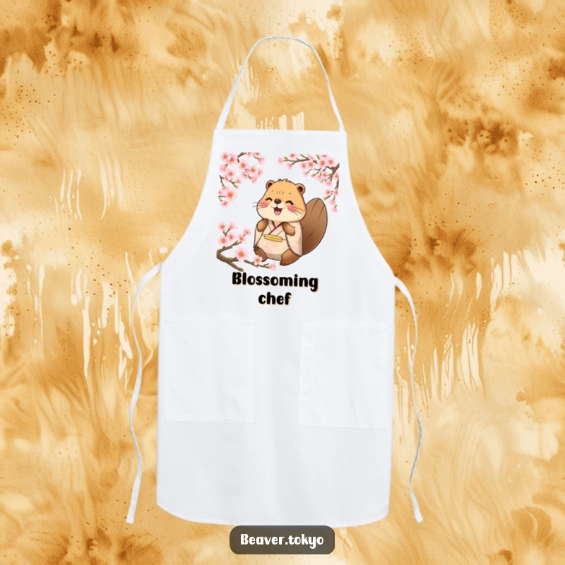 Funny happy beaver in traditional kimono surrounded by cherry blossom petals, kitchen apron, serene chef accessory, nature-themed animal graphic, funny gift.