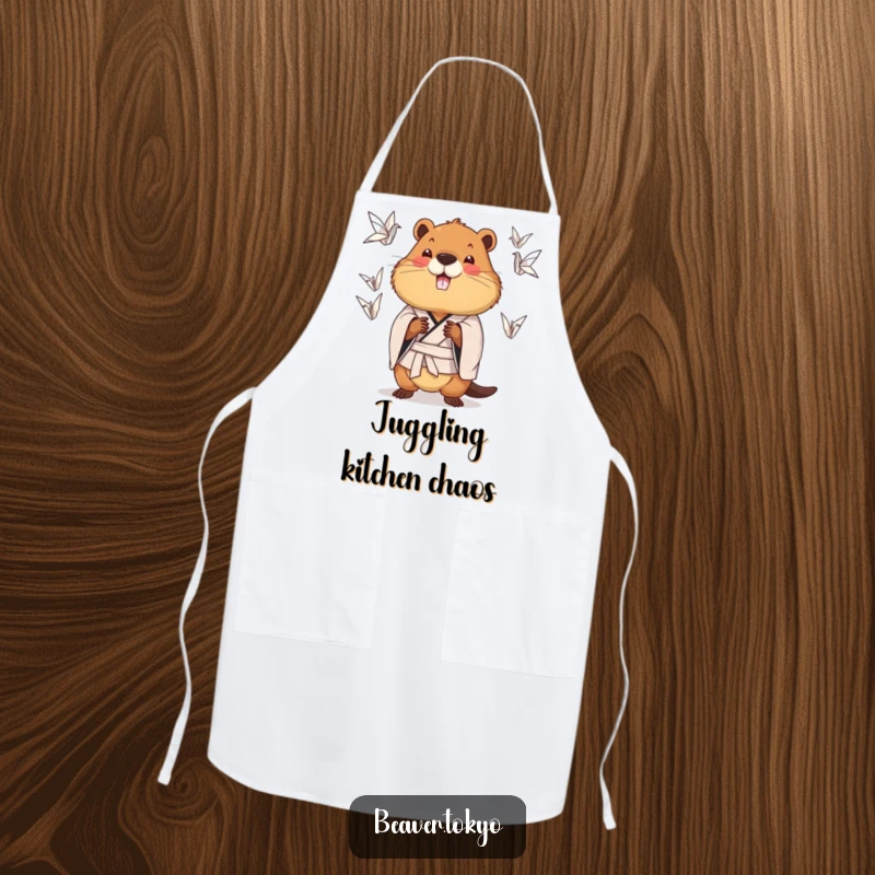 Funny chubby beaver wearing a patterned kimono juggling origami cranes, kitchen apron, creative chef accessory, juggling animal graphic, funny gift.