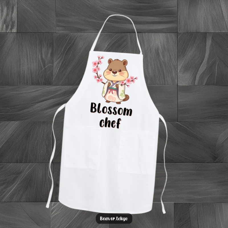 Beaver in a traditional kimono holds a cherry blossom branch, kitchen apron, artistic cooking wear, Japanese-inspired design, gift.