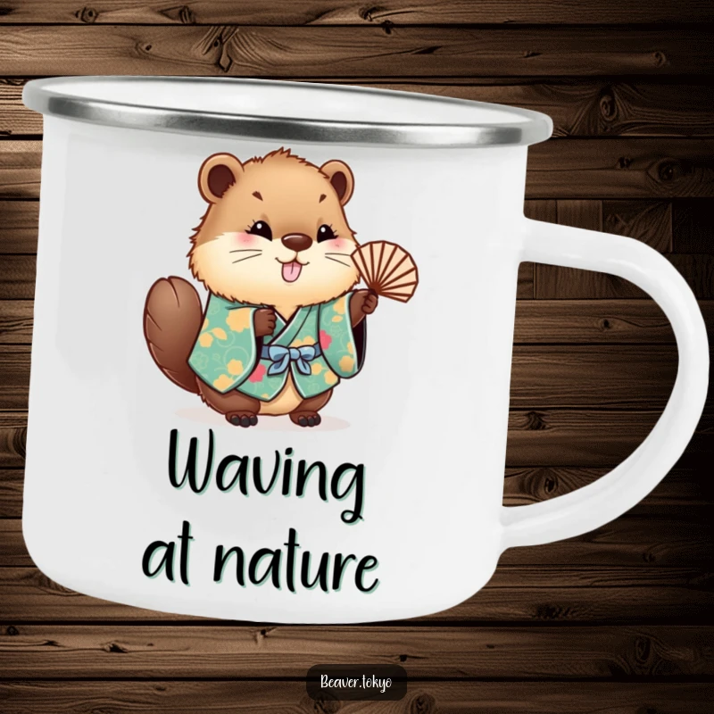 Funny fluffy beaver in a kimono, waving a fan, enamel camping mug, durable and humorous outdoor gear, cute gift.