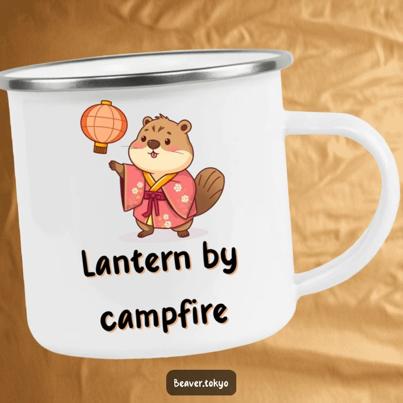 Beaver in a brightly colored kimono playfully tosses a paper lantern, durable camping mug, festive and humorous outdoor gear, gift.