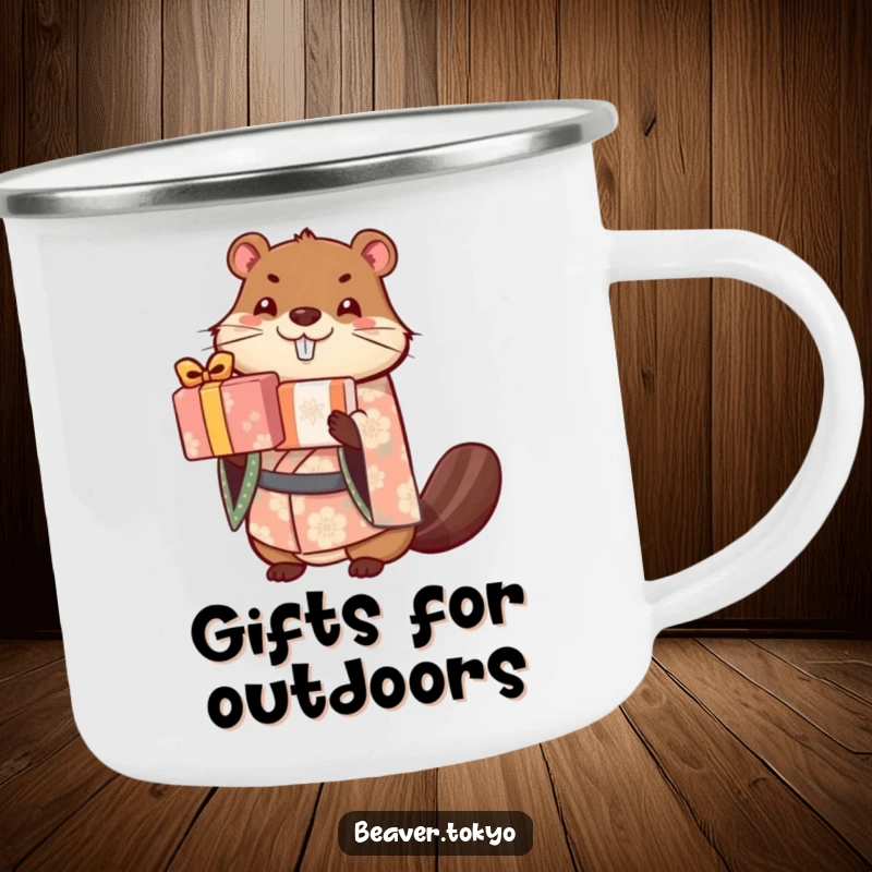 Cute beaver in a patterned kimono balances a stack of wrapped gifts, durable camping mug, humorous and charming outdoor gear, gift.