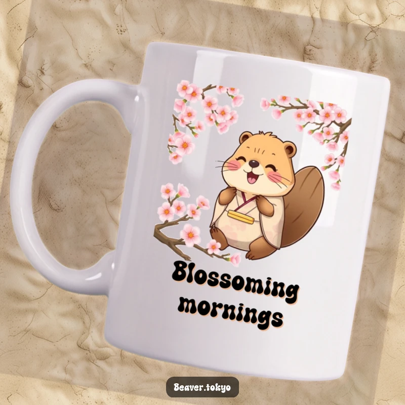 Funny happy beaver in traditional kimono surrounded by cherry blossom petals, serene animal, peaceful mug, unique gift.