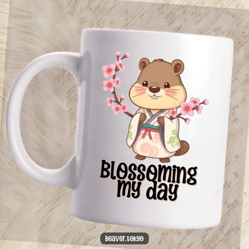 Artistic beaver in a traditional kimono holds a blooming cherry blossom branch, serene mug design, cultural appreciation, nature gift.