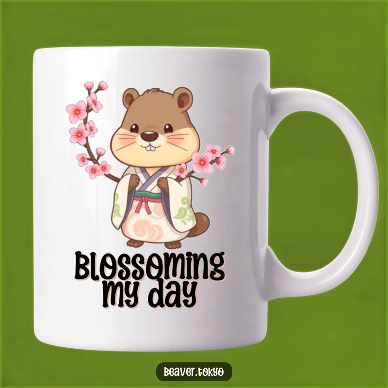 Elegant Beaver Kimono Mug - Cherry Blossom Serenity Funny Gift