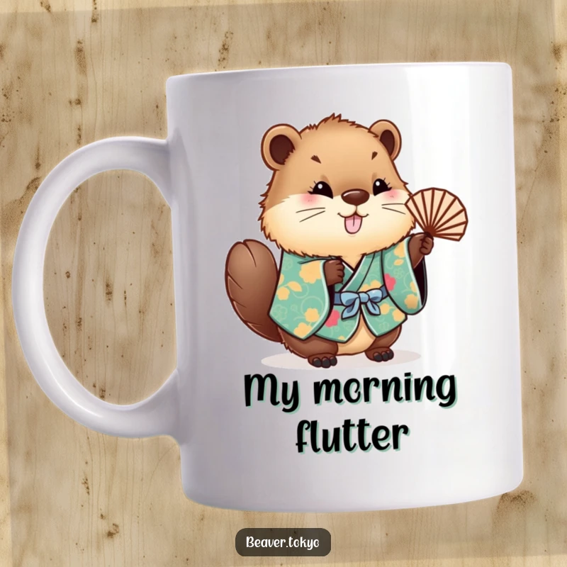 Funny beaver in a colorful kimono waves a small fan, looking cute and fluffy, ceramic mug perfect for a gift.