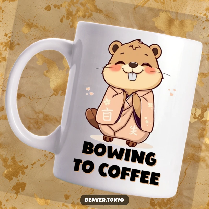 Funny delighted beaver in an elegant kimono gracefully bowing with joy, charming mug, polite animal, whimsical gift.