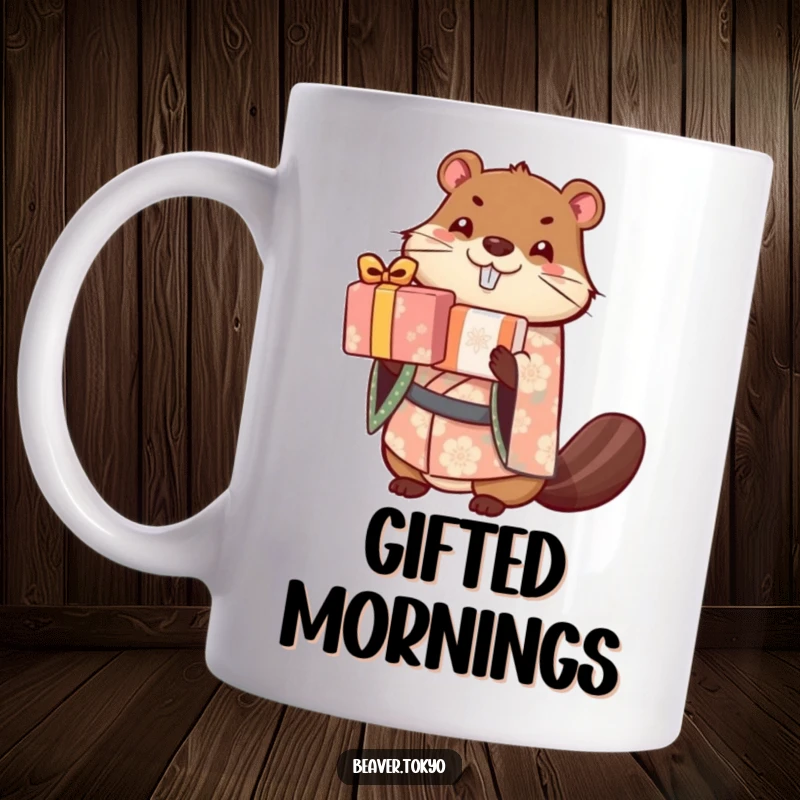 Cute beaver in a patterned kimono balances a tall stack of wrapped gifts, funny mug design, celebratory theme, happy character.