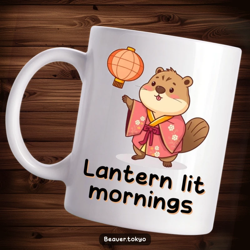Beaver in a brightly colored kimono playfully tosses a paper lantern, funny mug, festival theme, lively character, cultural fun.