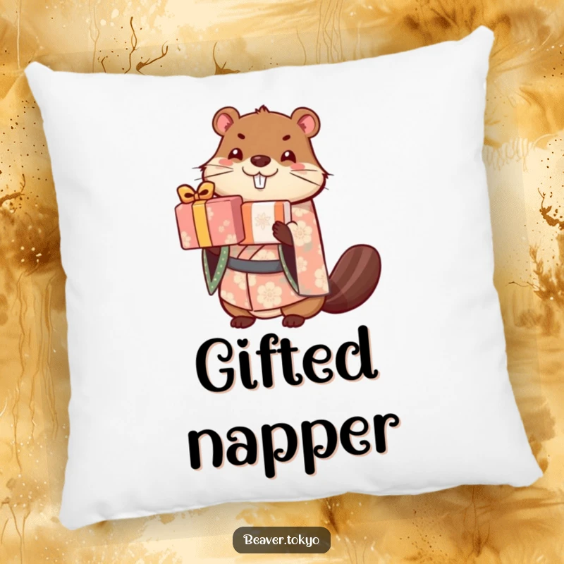 Cute beaver in a patterned kimono balances a stack of wrapped gifts, soft decorative pillow, humorous and charming accent, gift.