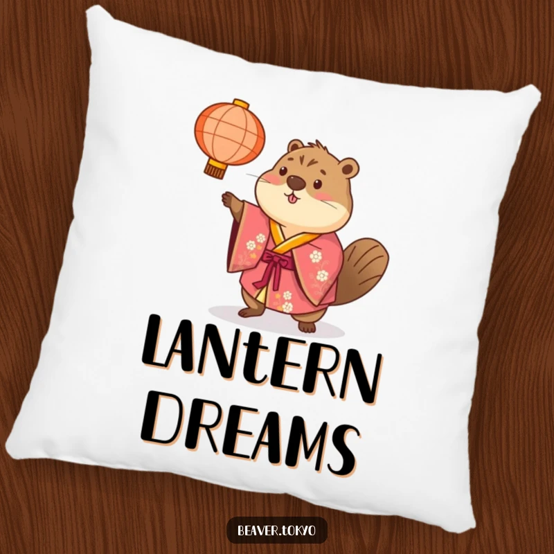 Beaver in a brightly colored kimono playfully tosses a paper lantern, soft decorative pillow, festive and humorous design, gift.
