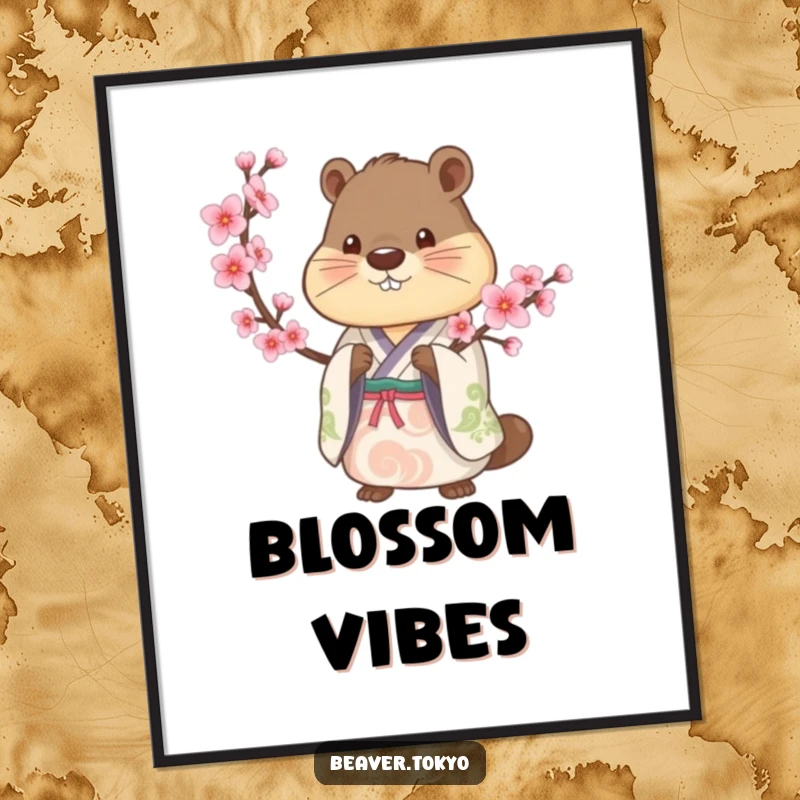 Beaver in a traditional kimono holds a blooming cherry blossom branch, serene digital art print, Japanese aesthetic, nature-themed art, gift.