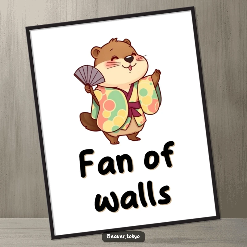 Funny cute beaver wearing a colorful kimono playfully waving a fan, digital download art, printable wall decor, whimsical animal illustration.
