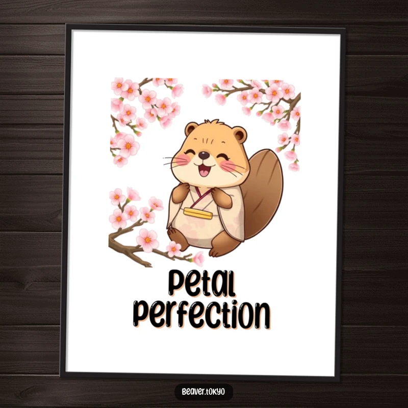 Funny happy beaver in traditional kimono surrounded by cherry blossom petals, digital download art, printable wall decor, peaceful animal illustration.