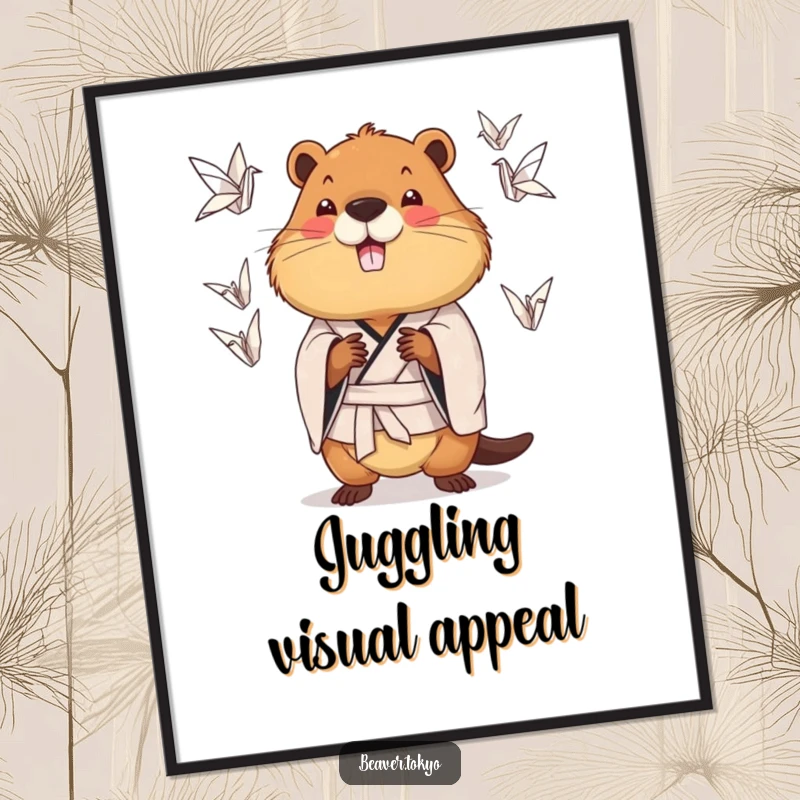 Funny chubby beaver wearing a patterned kimono juggling origami cranes, digital download art, printable wall decor, whimsical animal illustration.