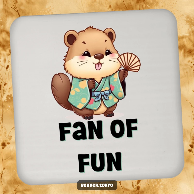 Funny fluffy beaver in a kimono, waving a fan, absorbent drink coaster, cute and humorous table accessory, funny gift.