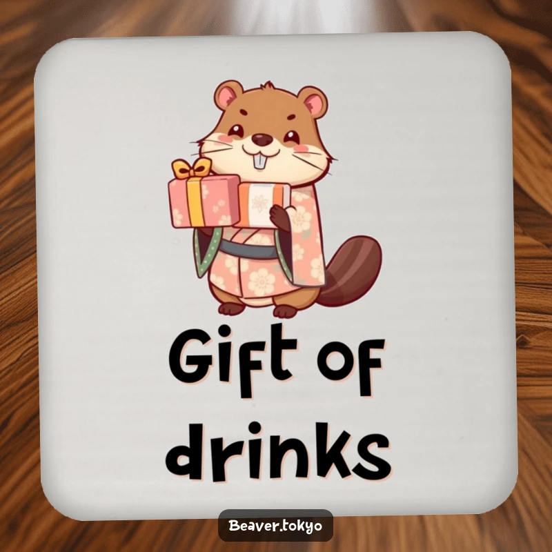 Cute beaver in a patterned kimono balances a stack of wrapped gifts, absorbent drink coaster, humorous and charming table accessory, gift.