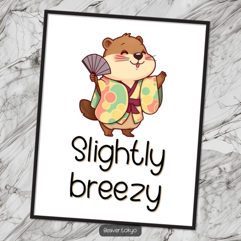 Funny cute beaver in a colorful kimono playfully waving a fan, artistic wall decor, charming animal illustration, vibrant poster art.