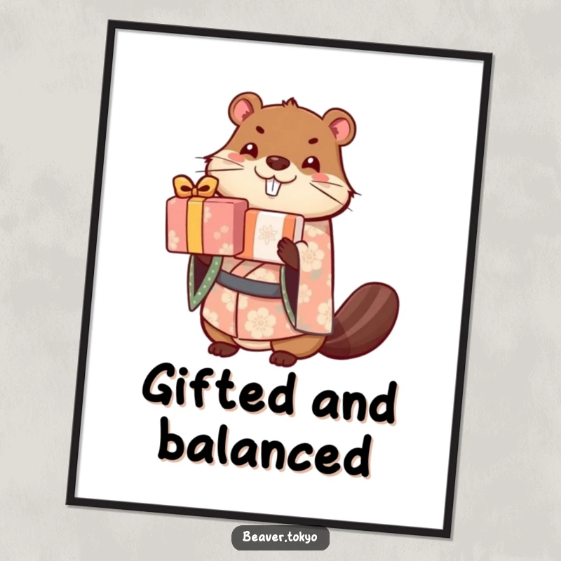 Cute beaver in a patterned kimono balances a stack of wrapped gifts, funny art print, celebratory decor, adorable character, gift.