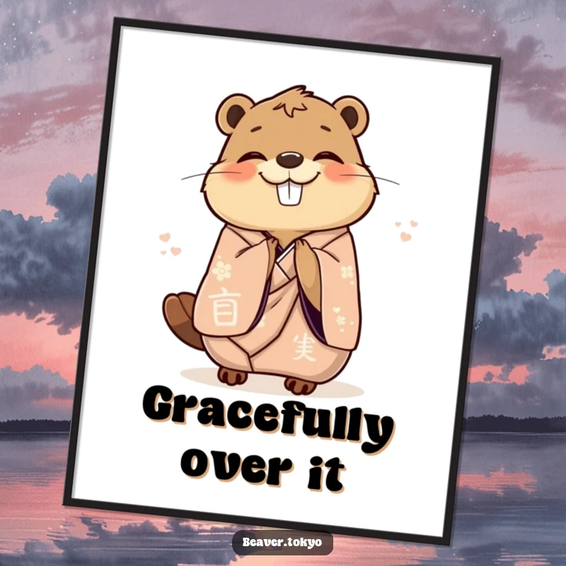 Funny delighted beaver in an elegant kimono gracefully bowing with joy, elegant wall art, graceful animal illustration, sophisticated poster.