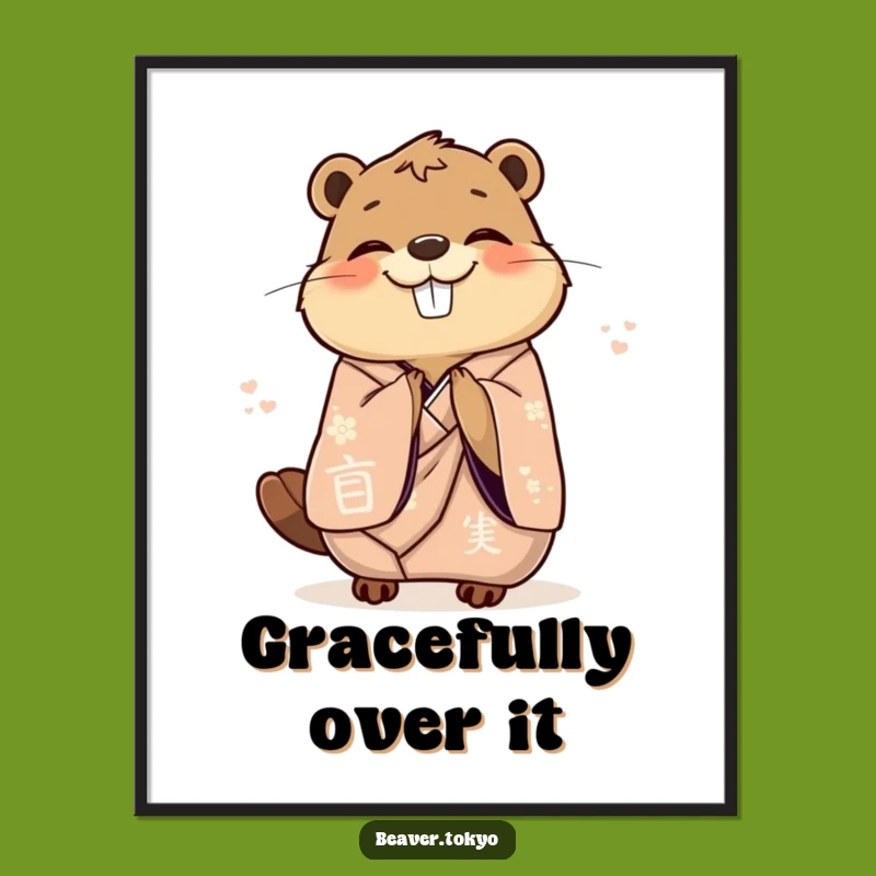 Funny Bowing Beaver Poster: Elegant Kimono Art, Joyful Wall Decor