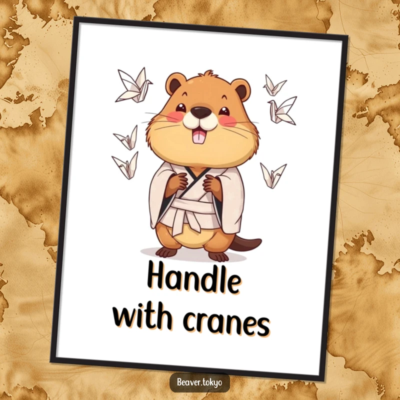 Funny chubby beaver wearing a patterned kimono juggling origami cranes, whimsical wall art, juggling animal illustration, quirky poster.