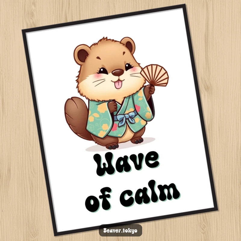 Funny fluffy beaver in a vibrant kimono, gracefully waving a fan, high-quality art print, whimsical wall decor, funny gift.