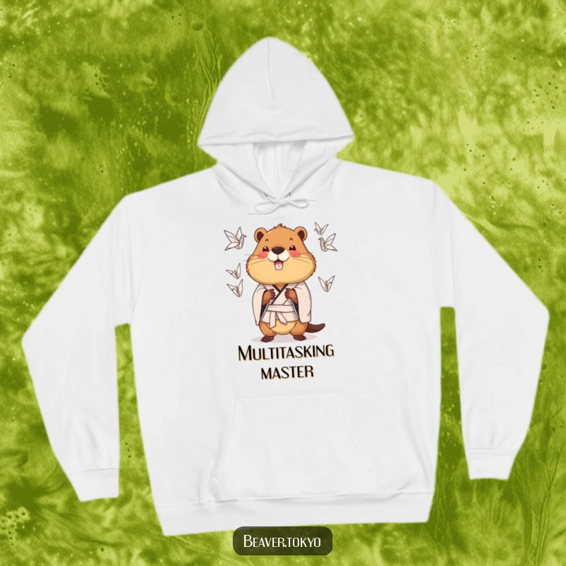 Funny chubby beaver wearing a patterned kimono juggling origami cranes, warm hoodie, talented animal design, funny gift.