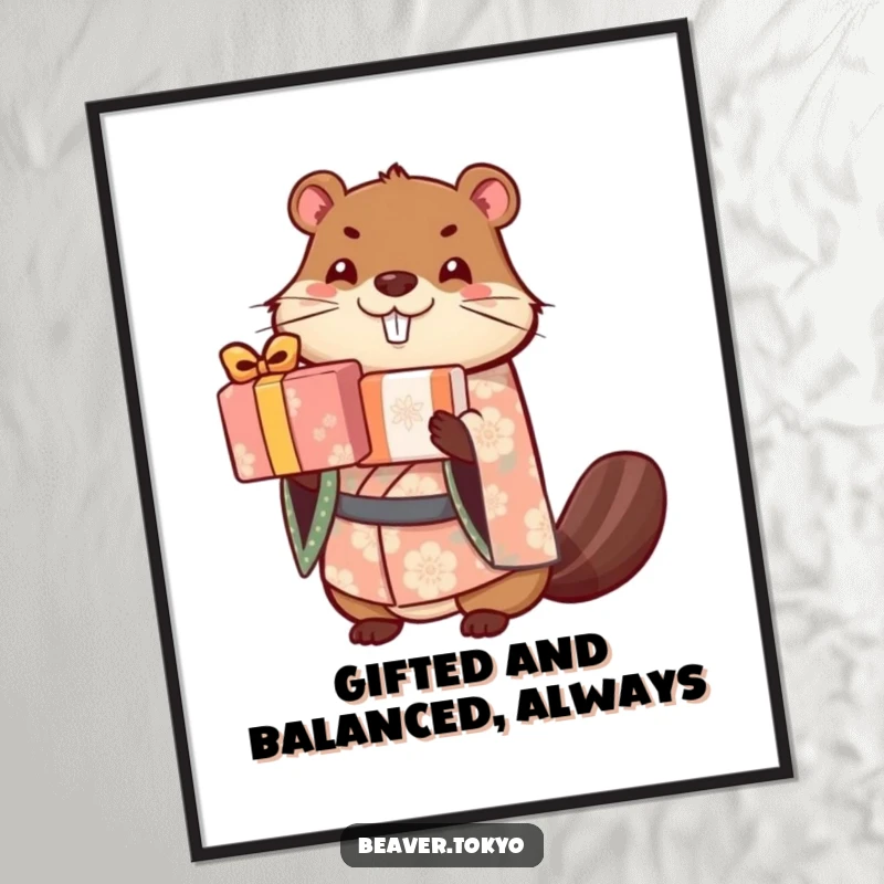 Free Printable Beaver Wall Art: A cute beaver in a patterned kimono expertly balances a tall stack of wrapped gifts.