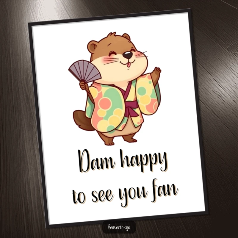 Funny Free Printable Wall Art: Cute beaver in a vibrant kimono playfully dancing with a fan.