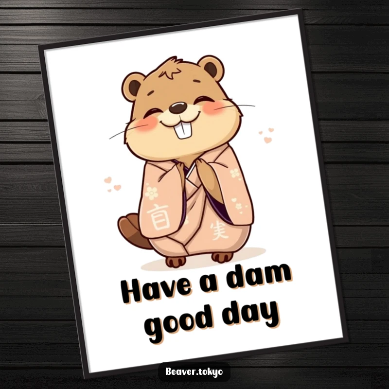 Funny Free Printable Wall Art: Delighted beaver in an elegant kimono bowing gracefully with pure joy.