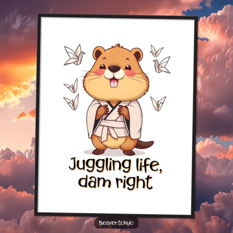 Funny Free Printable Wall Art: Chubby beaver in a patterned kimono juggling origami cranes with a smile.