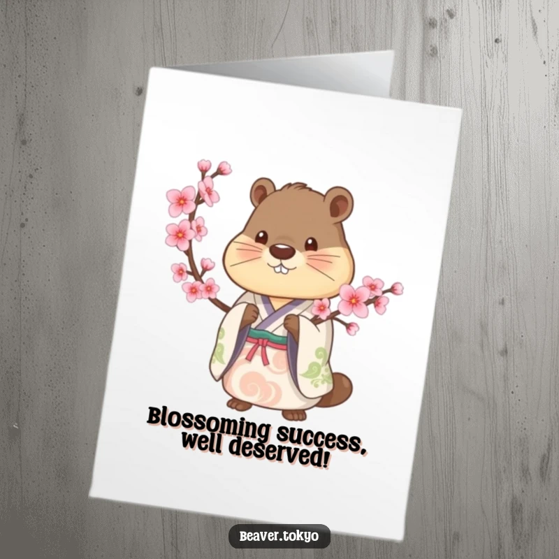 Free Printable Beaver Congratulations Card: Serene beaver in a kimono holds a cherry blossom branch, celebrating success.