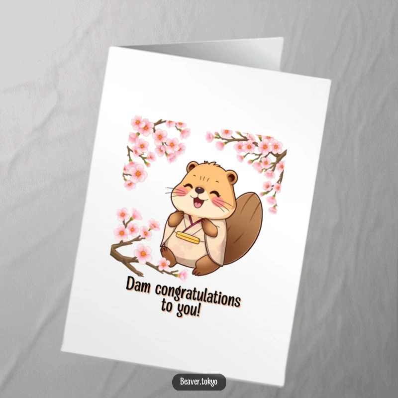 Funny Free Printable Congratulations Card: Happy beaver in a kimono amidst falling cherry blossom petals.