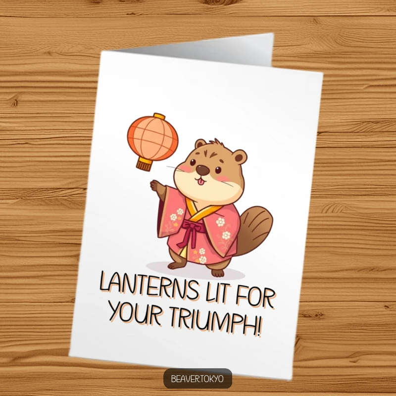 Free Printable Beaver Congratulations Card: Energetic beaver in a kimono playfully tosses a paper lantern, celebrating your achievement.