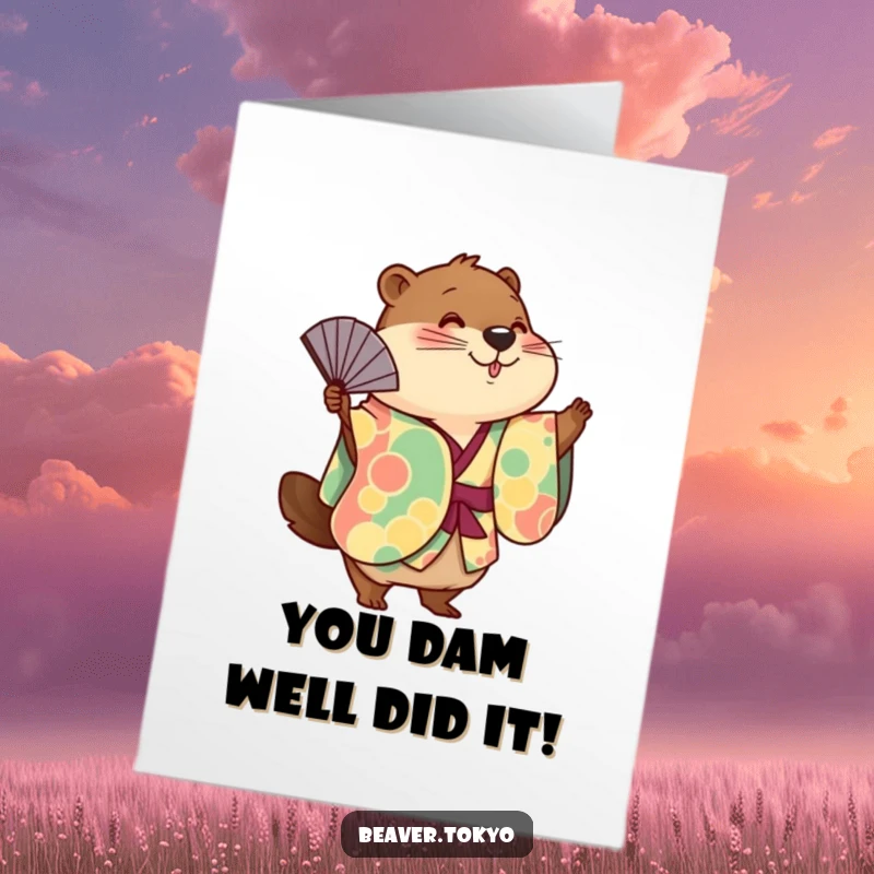 Funny Free Printable Congratulations Card: Cute beaver in a colorful kimono fans away the good news.
