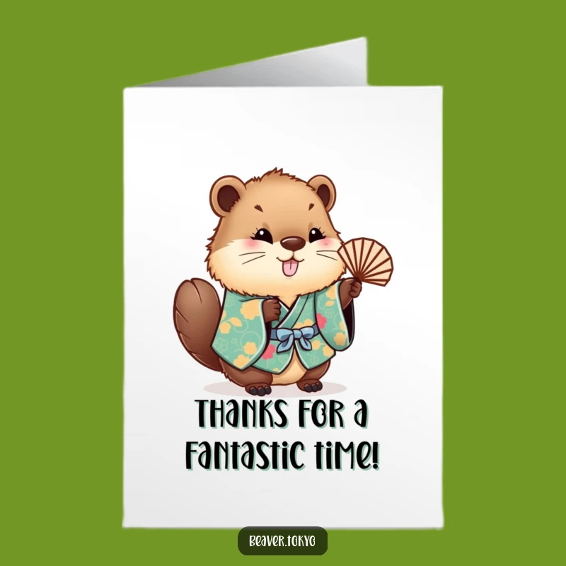 Free Printable Funny Beaver Thank You Card: Kimono Fan Gratitude Downloadable