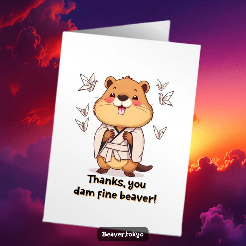 Funny Free Printable Thank You Card: Chubby beaver in a kimono juggling origami cranes with a smile.