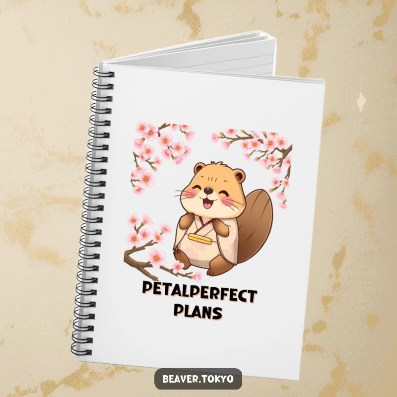 Funny happy beaver in traditional kimono surrounded by cherry blossom petals, serene journal, writing pad, nature-themed animal stationery, funny gift.