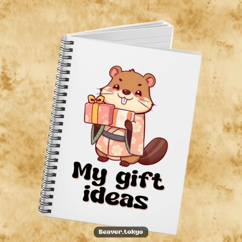 Cute beaver in a patterned kimono balances a stack of wrapped gifts, lined notebook for writing, humorous and charming design, gift.