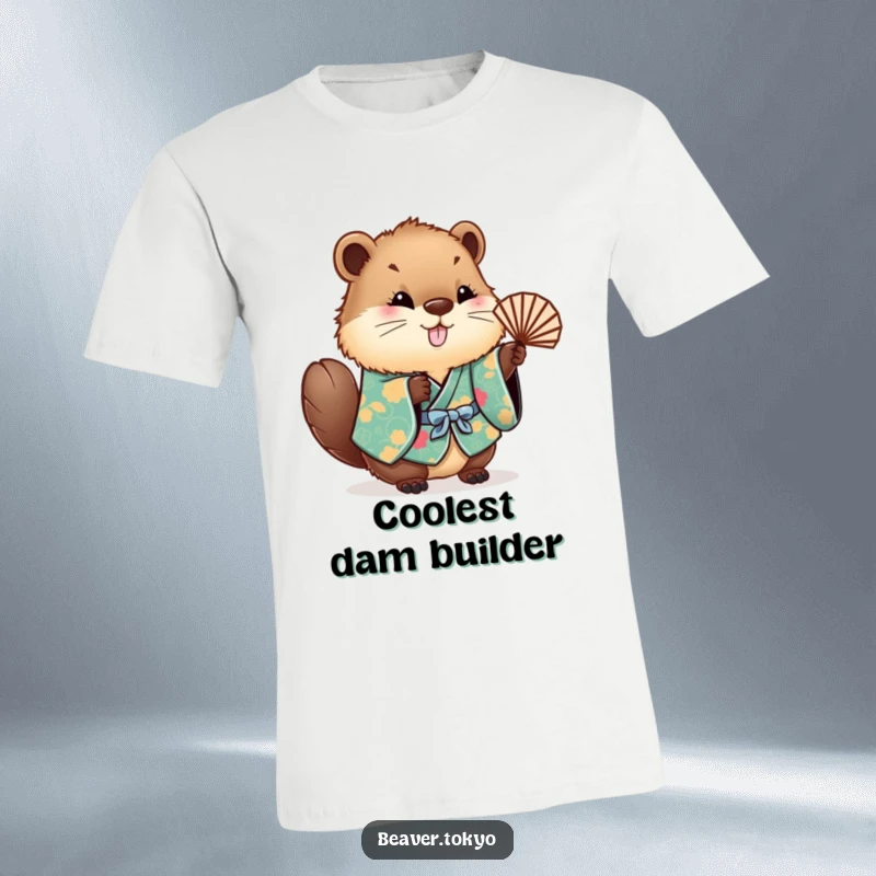 Funny fluffy beaver wearing a patterned kimono, joyfully waving a small fan, soft cotton t-shirt, humorous animal art.