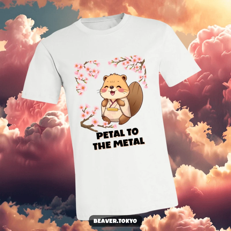 Funny happy beaver in traditional kimono surrounded by cherry blossom petals, serene t-shirt, nature-themed animal graphic, funny gift.