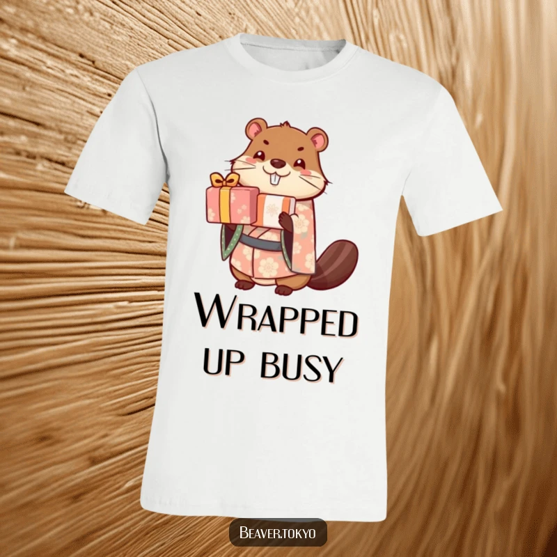Cute beaver wearing a patterned kimono, expertly balancing a stack of wrapped gifts, funny t-shirt, cheerful animal graphic.