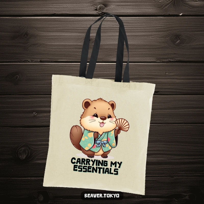Funny fluffy beaver wearing a kimono, artistically waving a fan, durable tote bag for shopping, cute and humorous illustration.