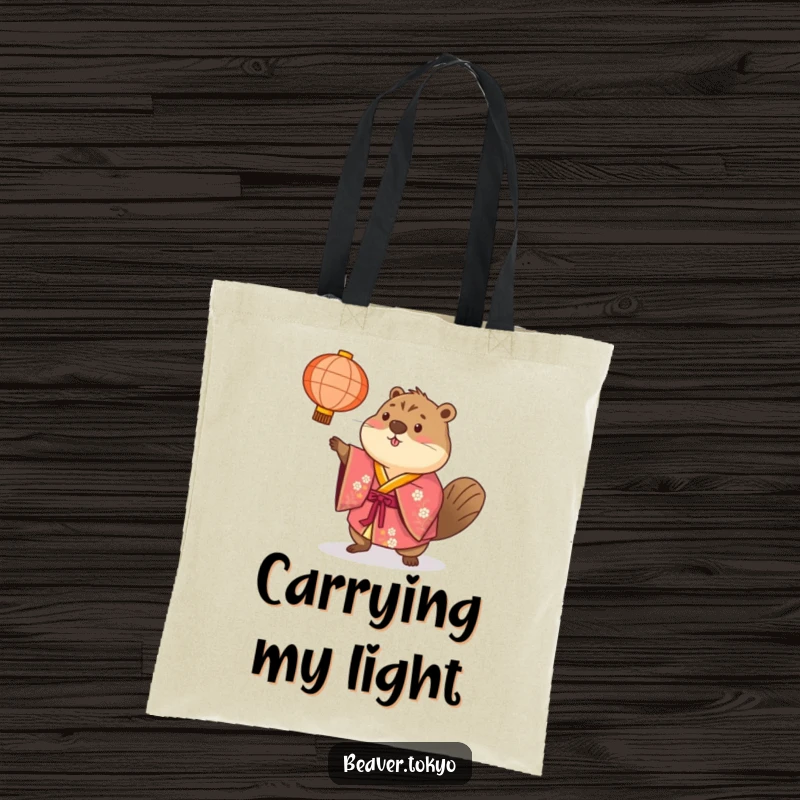 Beaver in a brightly colored kimono playfully tosses a paper lantern, durable tote bag, humorous and vibrant graphic, gift.