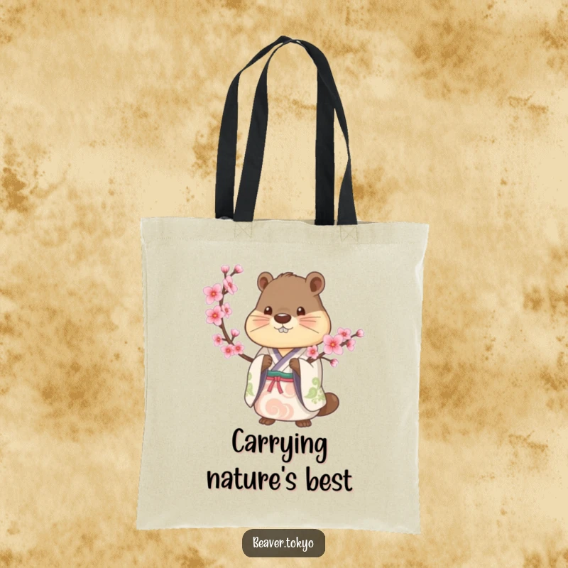 Beaver in a traditional kimono holds a cherry blossom branch, stylish tote bag, nature-inspired art, practical and beautiful, gift.